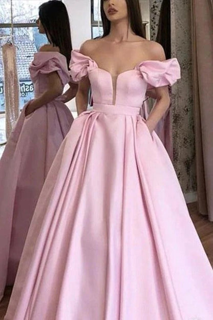 Pink Puffy Sleeves Satin Prom Dresses A Line Long Party Evening Dresses With Pockets,BD22002